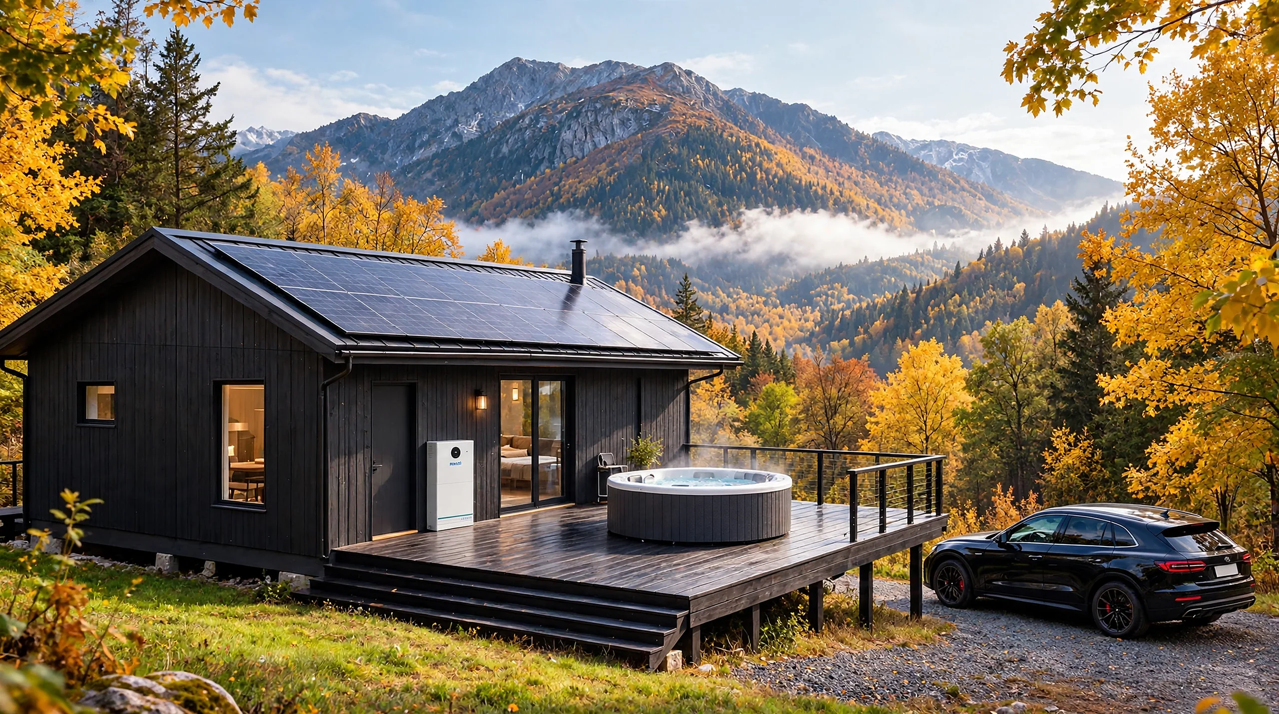 Powerhouse cabin with solar panels, battery storage and mist valley